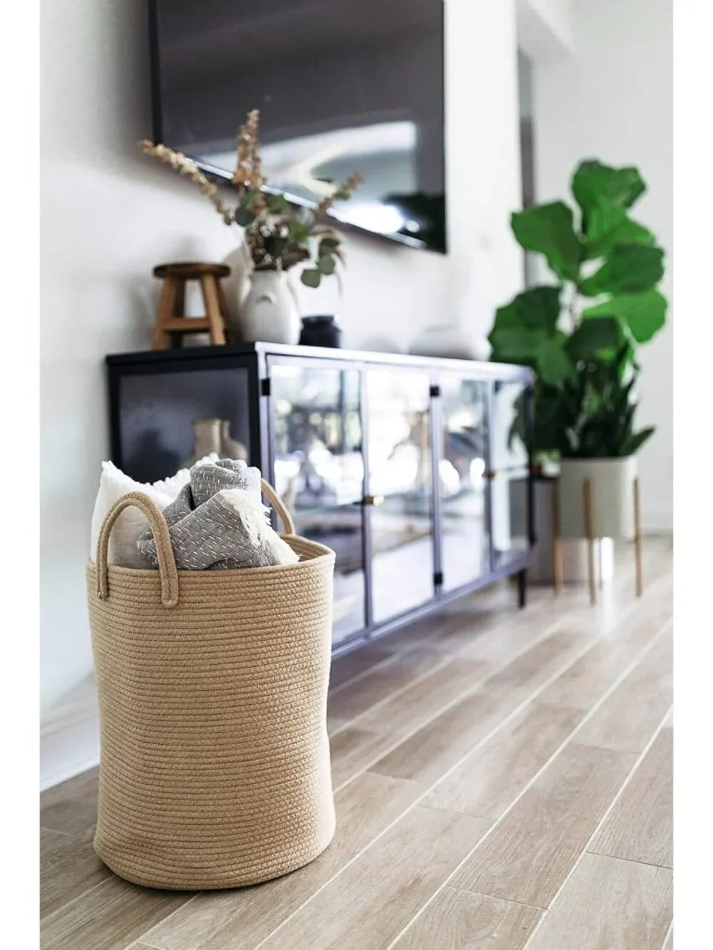 Large Woven Laundry Basket w/Handles 52L, Rope Dirty Clothes Hamper, Blanket Bas - Picture 2 of 9